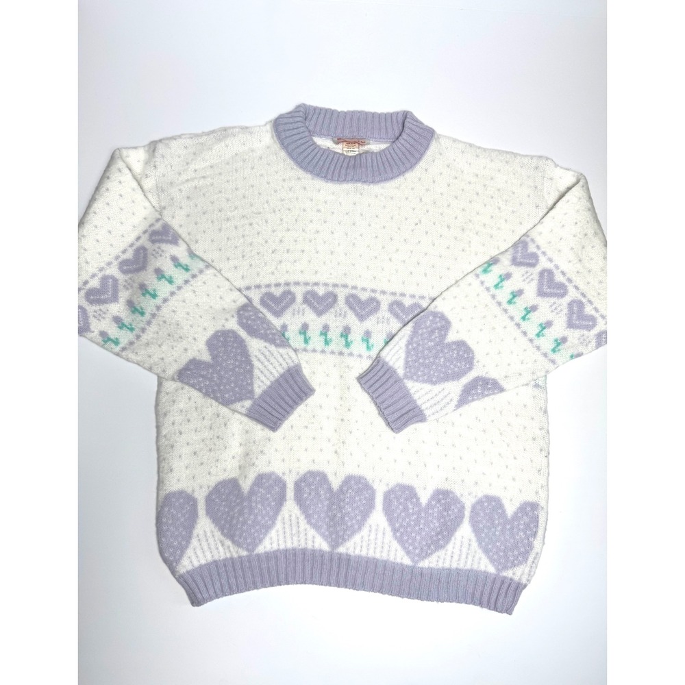 Vintage Spunky Heart Knit Sweater White Lavender Pastel Crewneck USA Made